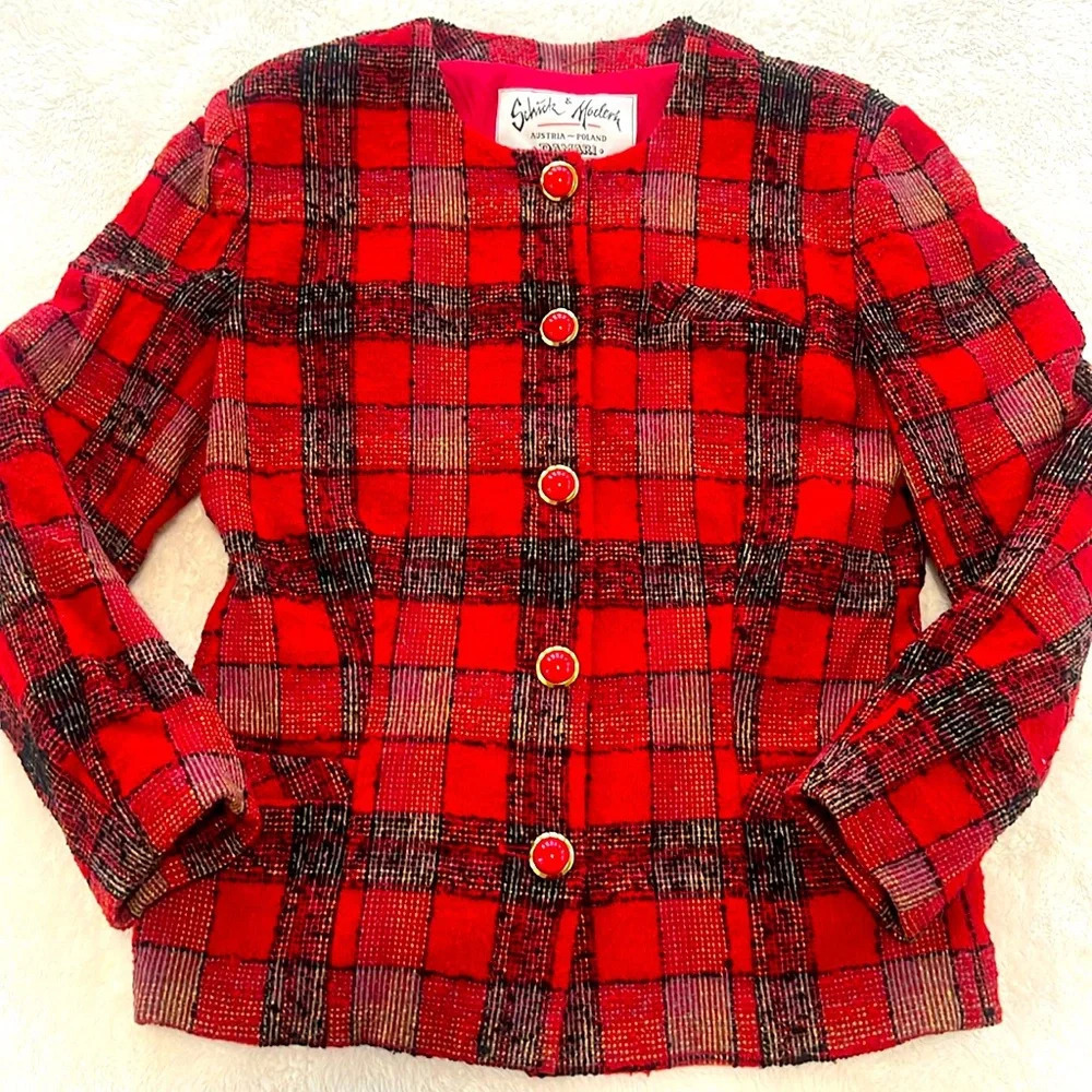 Vintage Sz M Schick & Modern Austria Poland Damari Wool Tartan Red Plaid Blazer